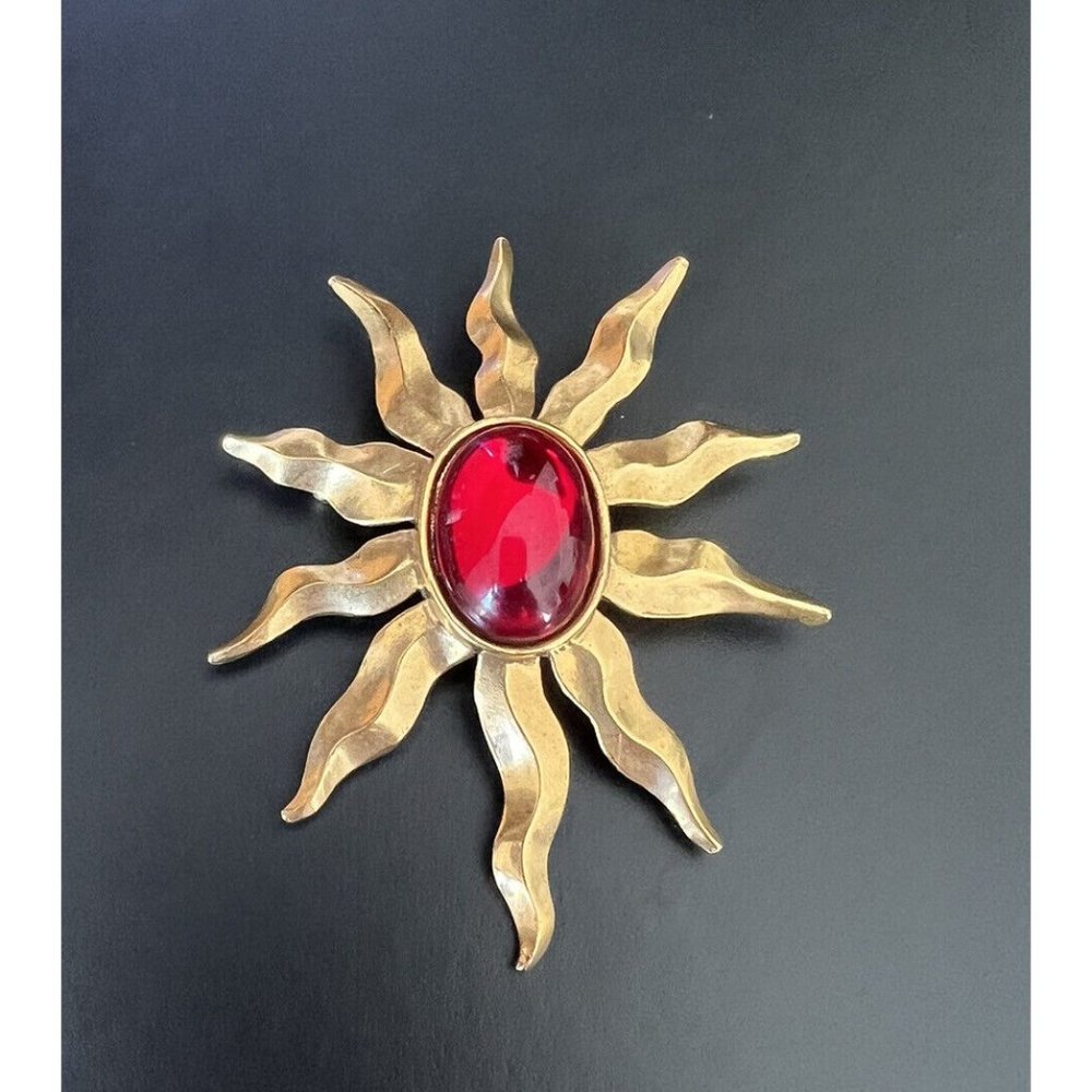National Gallery Of Art Red Cabochon Atomic Sun Burst Celestial Brooch Pin Gold